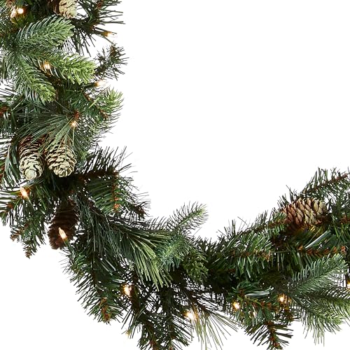 National Tree Company 9 ft Pre-Lit Carolina Pine Artificial Christmas Garland, Christmas Decoration with Pinecones, 100 Clear Lights, 240 Tips, Green