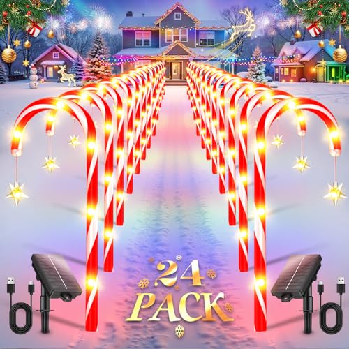 E-Kong 24 Pack Solar Candy Cane Lights Outdoor Christmas Decorations, 10 Modes, 12 Hours Bright Lighting Christmas Decorations Outdoor, Solar Pathway Lights Waterproof for Yard Patio Garden