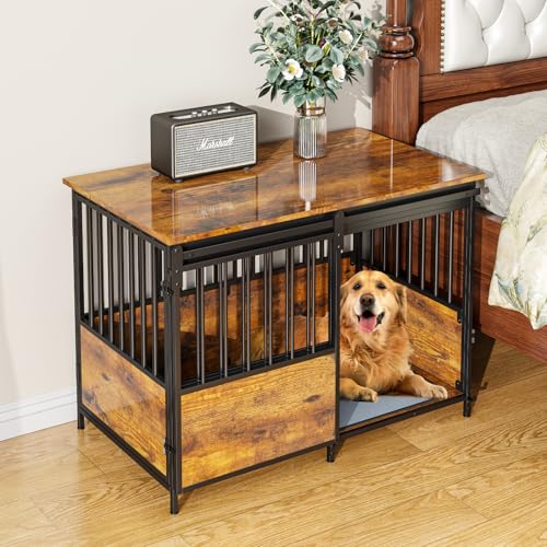 Large Dog Crate Furniture, 41 Inch Dog Kennel Indoor with Removable Divider & Double Doors, Wooden Dog Crates for 2 Dogs, Dog Crate Table for Large/Medium Dogs, White