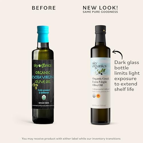 Sky Organics - Organic Extra Virgin Olive Oil, 16 fl oz - Cold Pressed & Unfiltered - Bright, Fresh, Authentic Flavor - Sourced from Farmers in Greece - 100% Pure - Kosher - Natural, Vegan, & Soy Free