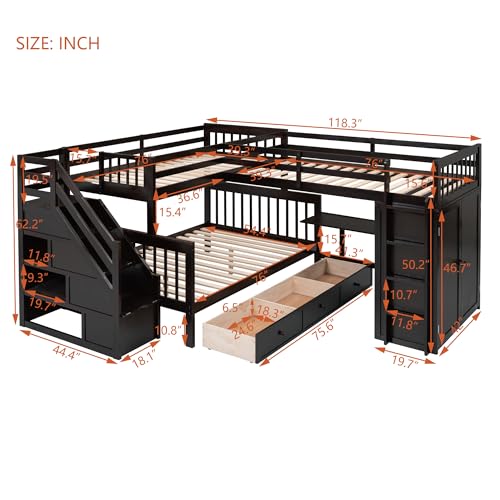L-Shape Triple Bunk Beds with Stairs and Desk, Wood Twin-Over-Full Bunk Bed with Storage Wardrobe, Shelves and Drawers, 3 Beds Bunk Bed with Staircase for Kids Boys Girls Teens, Espresso