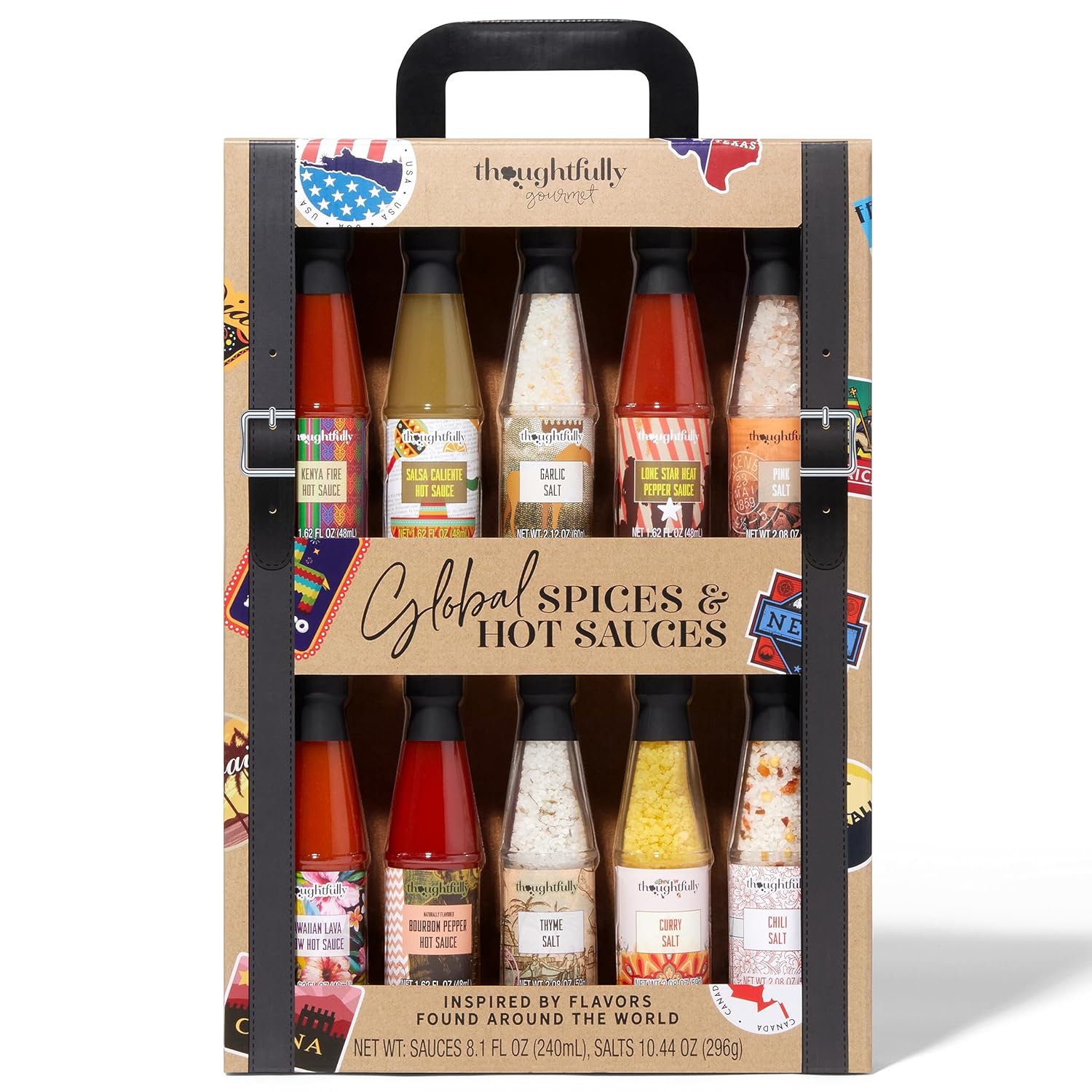 Thoughtfully Gourmet, Global Spice and Hot Sauce Collection Gift Set, Vegan and Vegetarian, 5 Sauces and 5 Salts in Suitcase Packaging, Set of 10