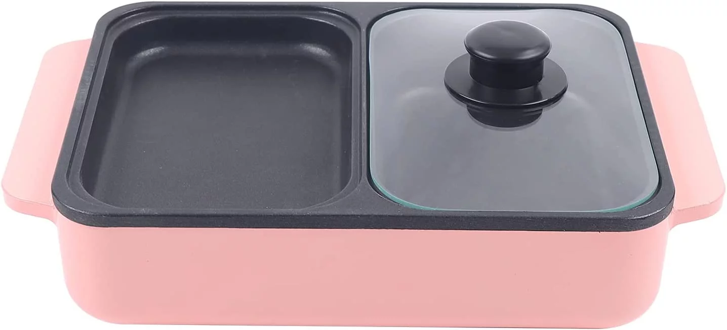 TFCFL 2 in 1 Electric BBQ Grill Pan Hot Pot Portable Indoor Kitchen BBQ Cooking Pan Pink