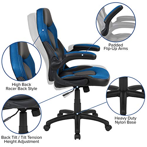 Flash Furniture X10 High-Back LeatherSoft Racing Style Gaming Chair with Flip-Up Arms, Ergonomic Padded Swivel Computer Chair, Blue/Black