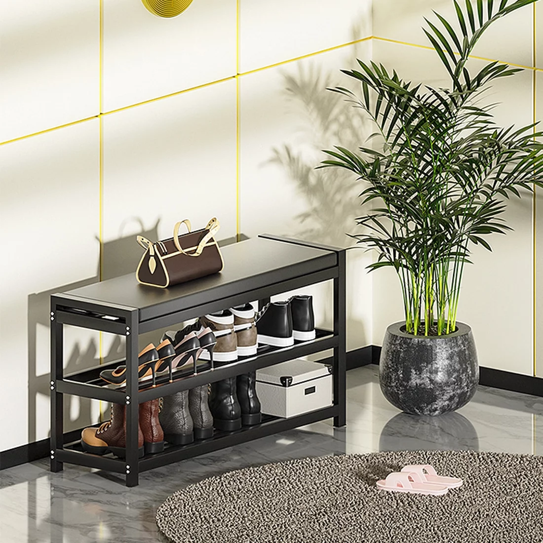 Isyunen Shoe Rack Bench 2-Tier Shoe Storage Shelf with Vegan Leather Seat Entryway Gray Shoe Rack for Entryway Hallway Living Room