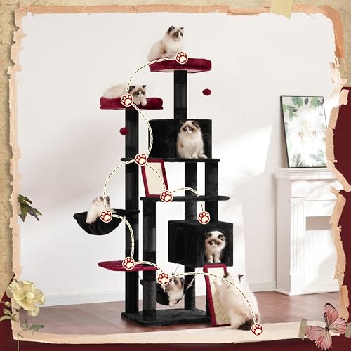 Cat Tree for Indoor Cats, 71'' (180cm) Multi-Level Cat Tower for Large Adult, Sturdy Cat Tree House with 2 Scratching Boards 7 Posts, 2 Plush Perches/Condos, Hammock, Smoky Gray GCT032G