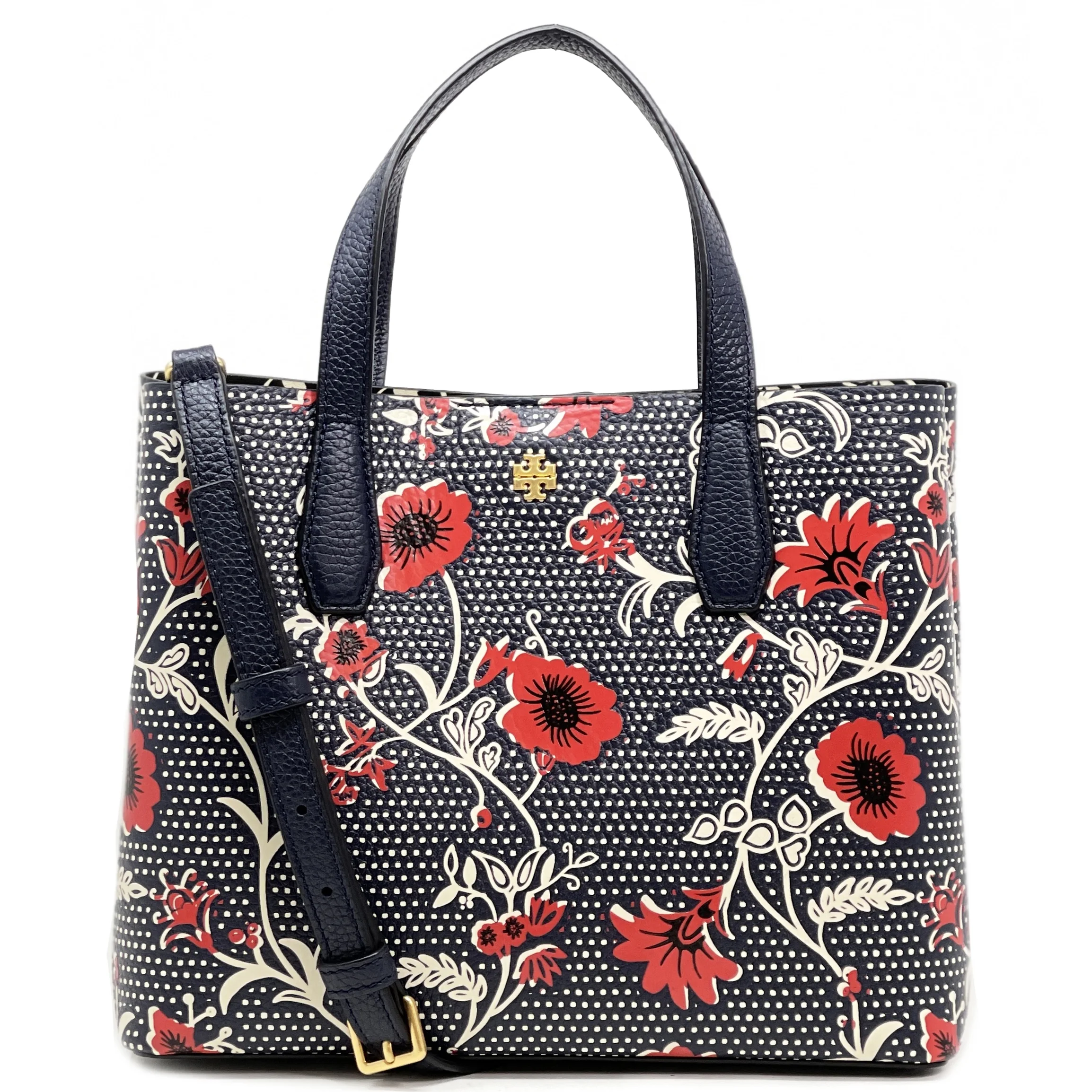 Tory Burch Women's Blake Printed Pebbled Leather Small Tote (Navy Red)