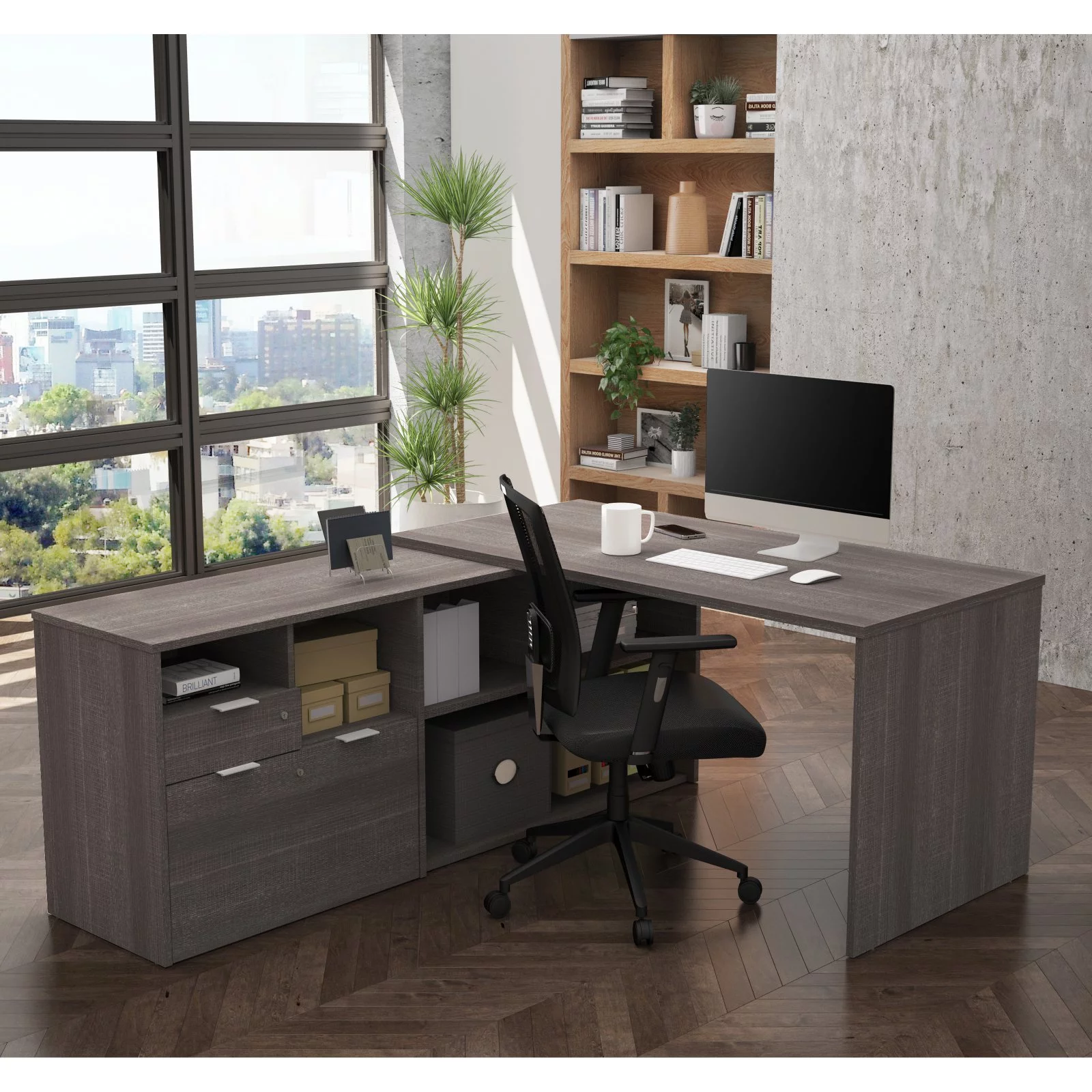 Bestar i3 Plus 72W L-Shaped Desk in bark grey
