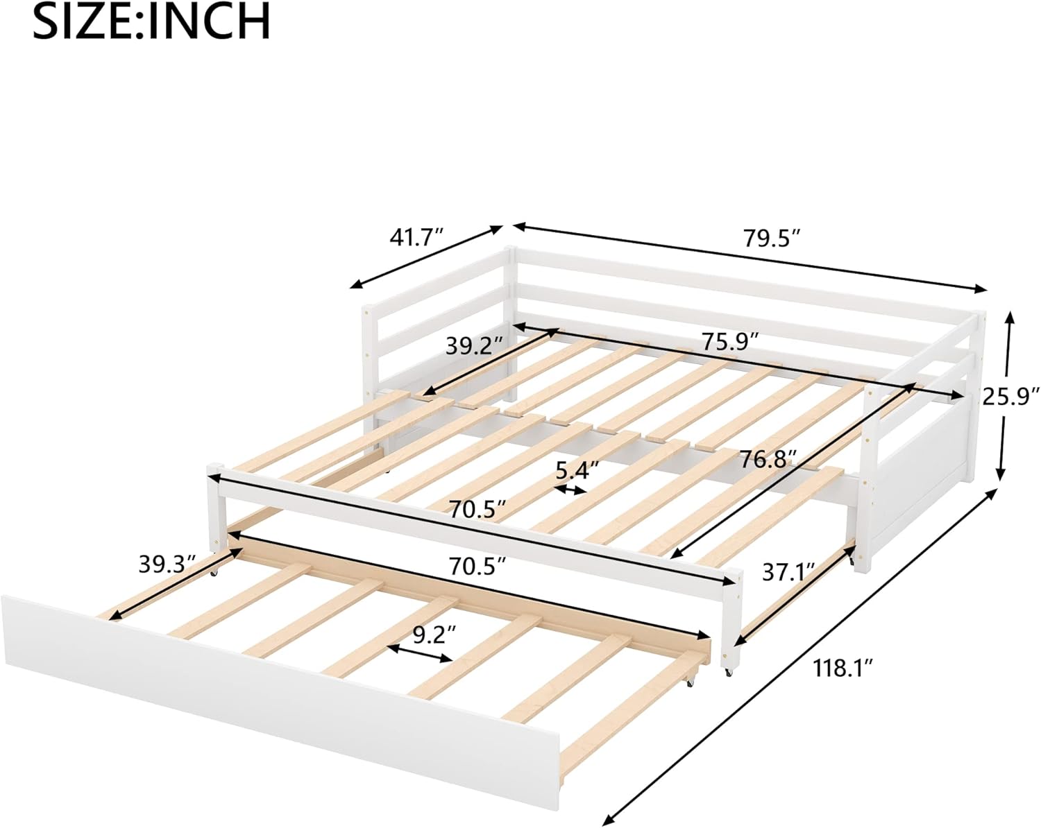 Extendable Daybed with Trundle, Wood Twin to Double Twin Daybed with Pull Out Trundle, Trundle Daybed for Kids Teens, Extending Sofa Bed for Living Room, Bedroom, Guest Room,White