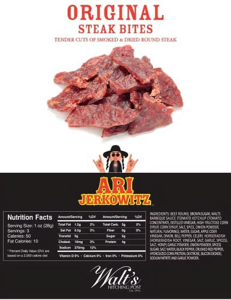 Ari Jerkowitz Original Steak Bites by Walt's Hitching Post Tender Cuts of Smoked & Dried Round Steak Beef Jerky 3 oz Bag - 12 Bags