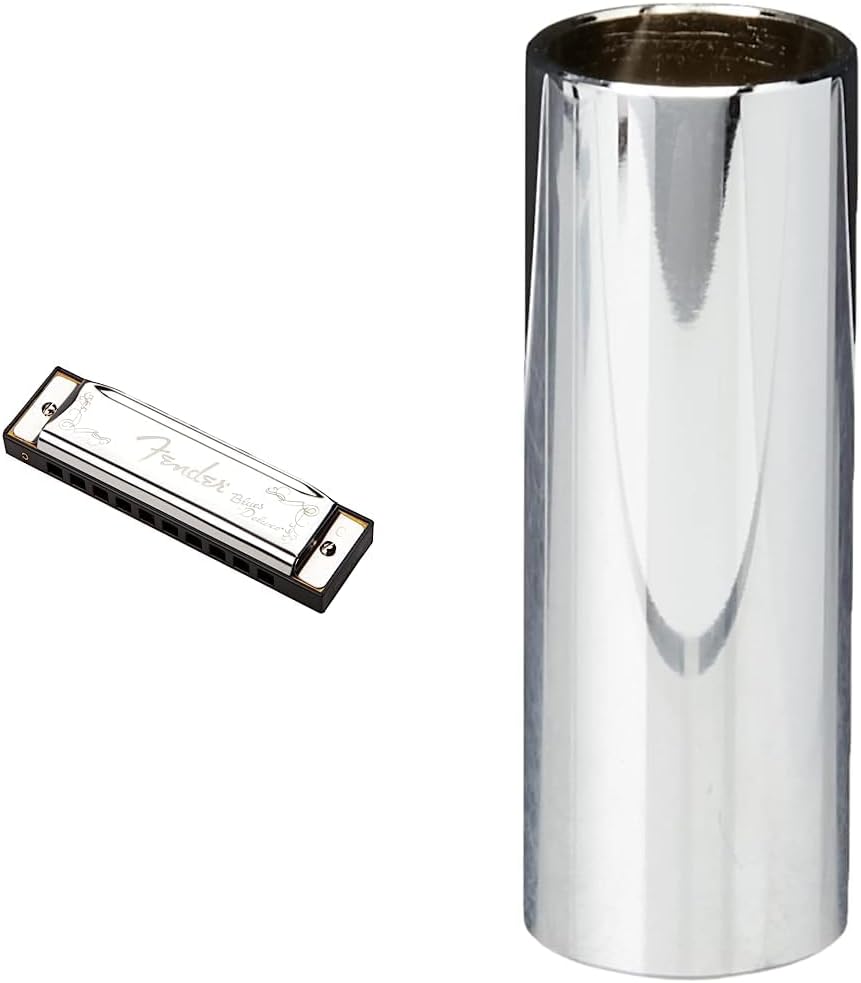 Fender Blues Deluxe Harmonica, Key of C & Chrome Steel Guitar Slide, Standard Medium