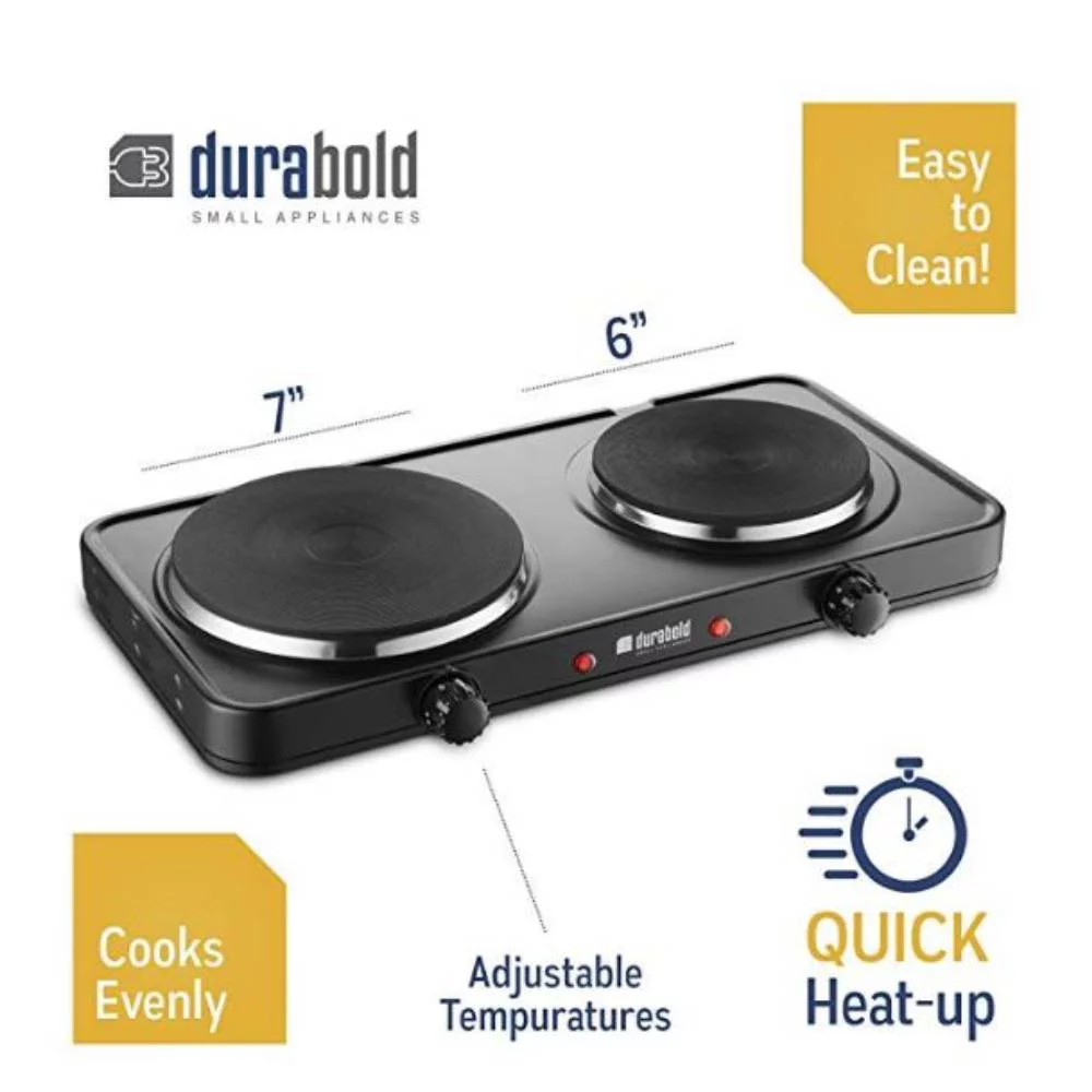 Durabold Electric Double Burner Sealed 1000W 7000W Cast Iron Hot Plate Black, 2 Pack