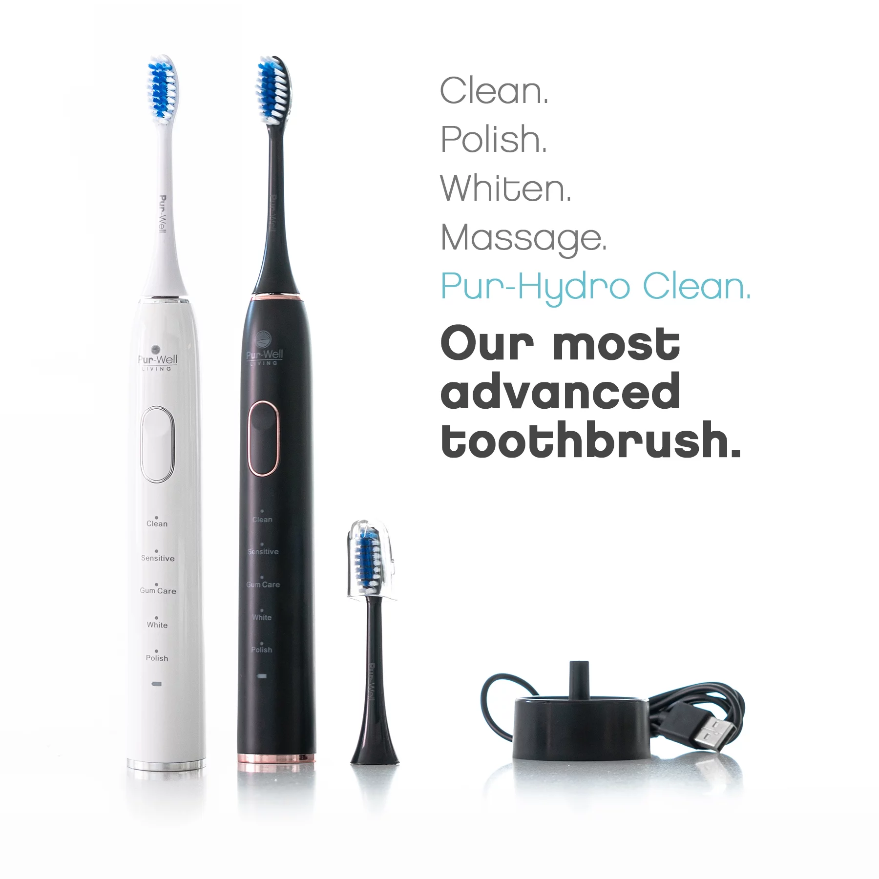 Pur-Well Living Pur-Hydro Clean Dupont Brush Heads Electric USB Charging Toothbrush Waterproof Electric Toothbrush (Black (Diamond Edition))