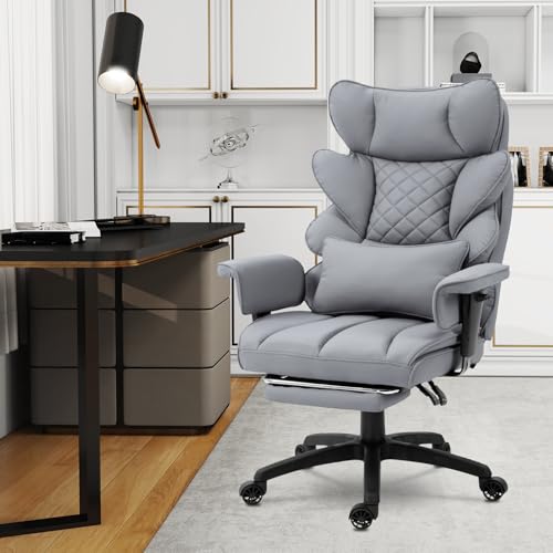 Dowinx Big and Tall Office Chair with Pocket Spring Cushion,High Back Computer Gaming Chairs with Adjustable Armrests,Executive Desk Chairs with Lumbar Support and Footrest,(Fabric, White)