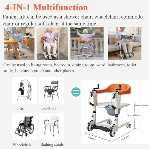 Patient Lift Transfer Chair, Portable Bath Lifts with 180° Split Seat for Disabled Elderly, Commode Toilet Shower Chair with Wheels, Nursing Homes Easy Care Lift Chair with Hoist Lifting