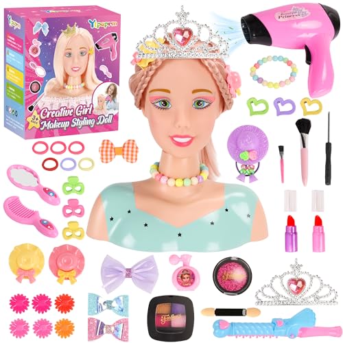 41PCS Deluxe Pretend Play Hair Styling Doll Styling Head Makeup for Girl Kid, Lovely Beauty Stylist with Crown Hairdryer Curling Iron Hairpins Powder Lipstick Kit Birthday Gift for 3+ Girl