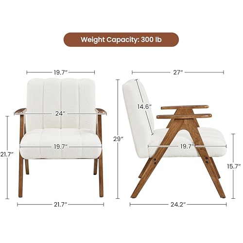 Yaheetech Boucle Fabric Mid Century Accent Chair, Modern Upholstered Living Room Chairs with Solid Wood Legs, Reading Armchair for Small Spaces Bedroom, White