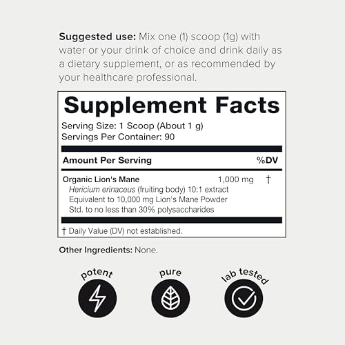 10,000mg 10x Concentrated Ultra High Strength Organic Lions Mane Powder - Made with Lions Mane Mushroom - 30% Polysaccharides - Highly Concentrated and Bioavailable - 90g Lions Mane Supplement Powder