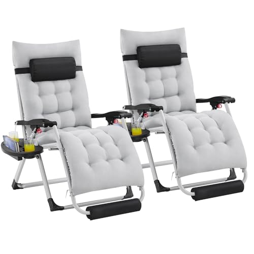 Yaheetech 26in Zero Gravity Chair Set of 2 Reclining Outdoor Sun Lounge Chairs w/Removable Cushion, Cupholder, Headrest and Footrest for Indoor and Outdoor - Gray
