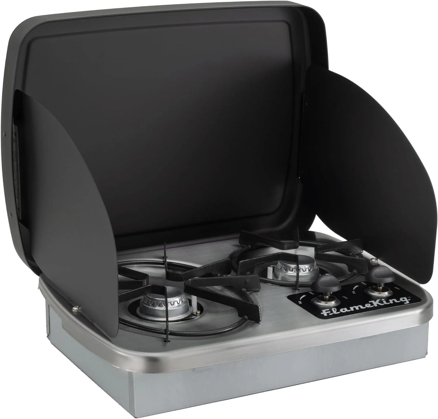 RecPro RV 2 Burner Gas Built-In Cooktop Stove with Cover Hood and Wind Guard | 7200 and 5200 BTU Burners