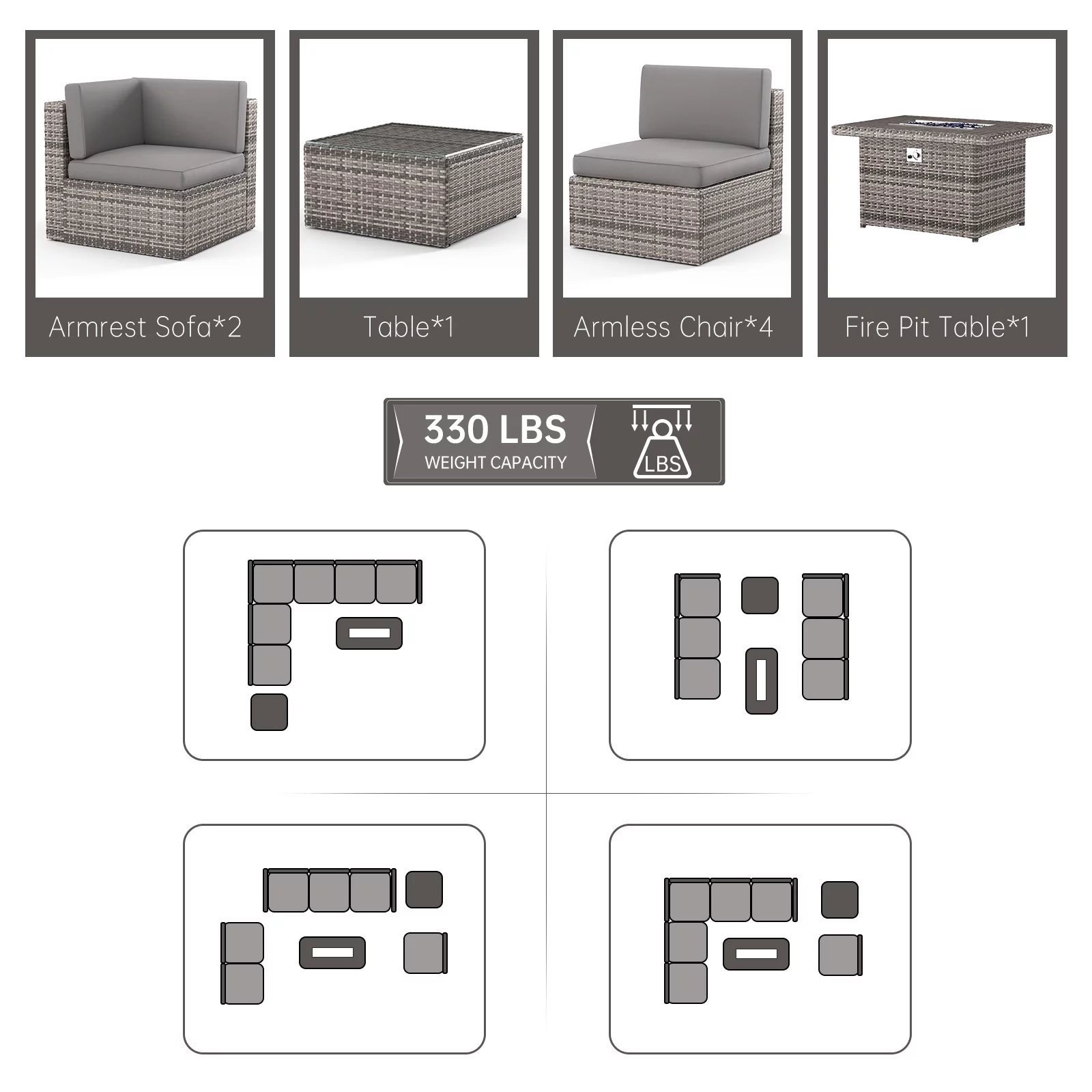 Sunmthink 8 Pcs Patio Furniture Sets with 50000 BTU FirePit Table, Grey