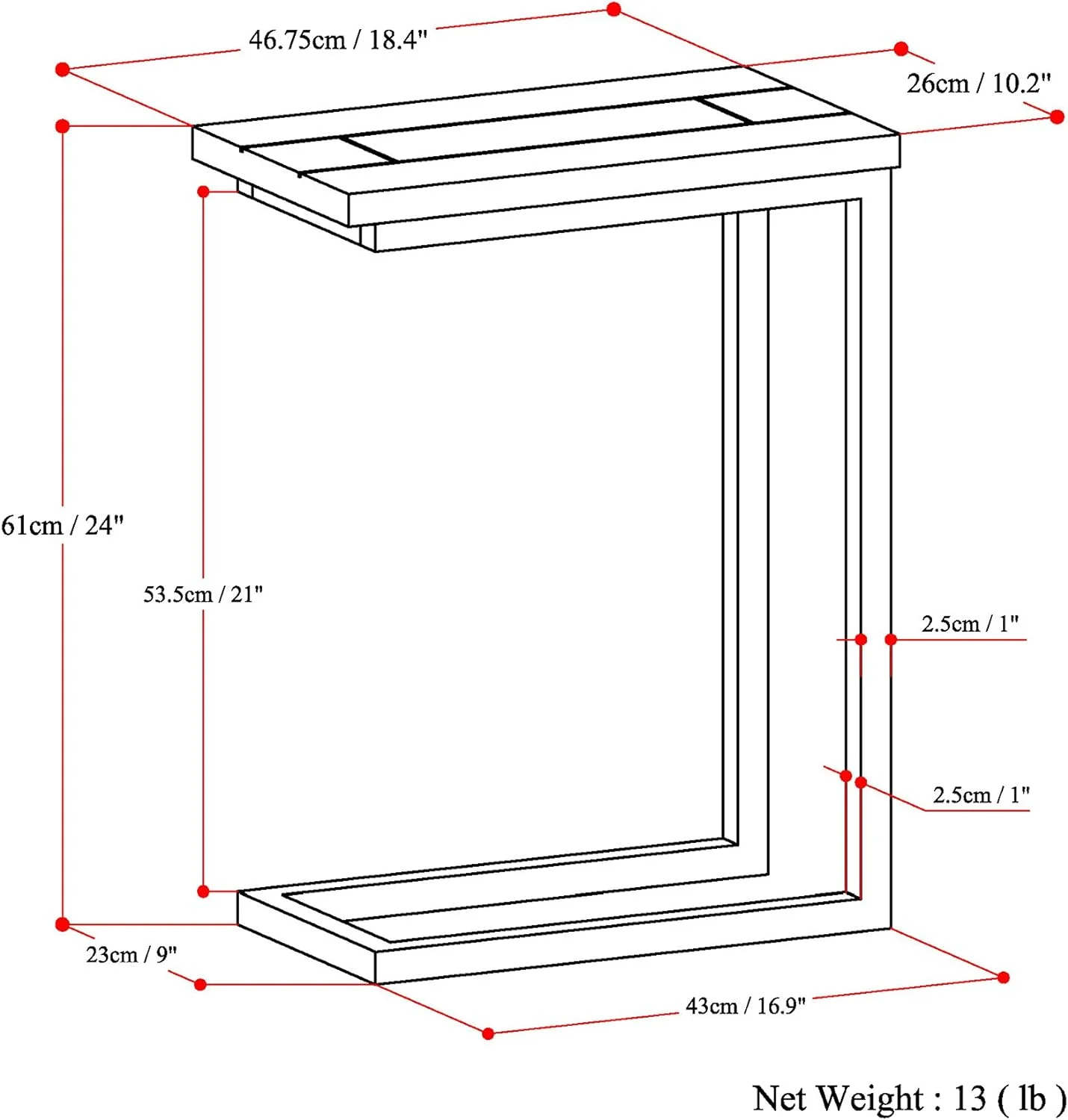 Skyler SOLID WOOD And Metal 18 Inch Wide Rectangle C Side Table In Dark Cognac Brown, Fully Assembled, For The Living Room And Bedroom