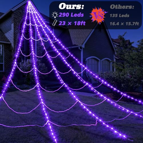 Halloween Spider Web Lights 150 LED Lighted Spider Web Giant 16.4 Ft Halloween Decorations Light up with 8 Lighting Modes Waterproof & Timer Outdoor Indoor Yard Haunted House Decor, Purple & Orange