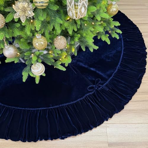 60-Inch Ruffled Velvet Christmas Tree Skirt with Foam Padding, Nylon Backing and Lace-Up Tie Closure, Burgundy