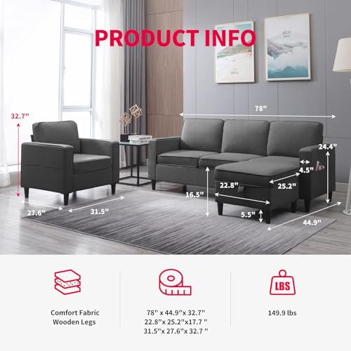 MUZZ 3PCS Living Room Sofa Set, Linen Upholstered Sofa Couch with Side Pockets & Movable Storage Ottoman, Free Combination Sofa Set Include Armchair,Loveseat and 3 Seater Couch (Dark Grey)