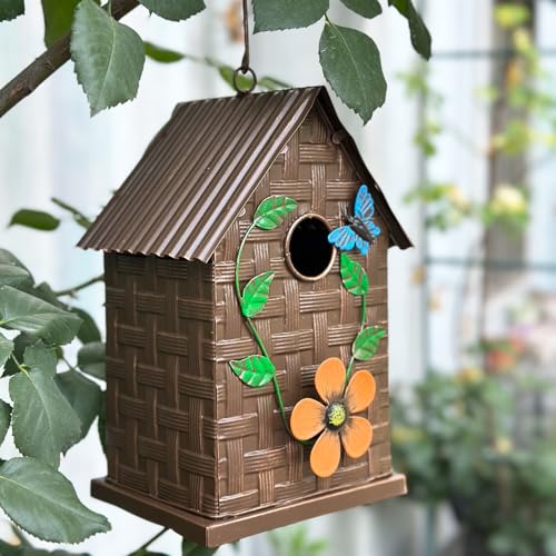 Metal Bird Houses for Outside Hanging,Colorful Decorative Garden Hand-Painted Birdhouses for Outdoors,Gift for Bluebird Wren Chickadee Cardinals Swallow,Gold