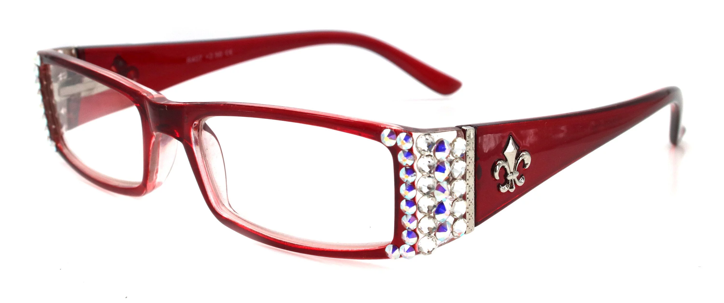 The French, (Bling) (Fleur De Lis) Women Reading Glasses W Genuine European Crystals (Aurora Borealis, Clear)  (Red) Frame, NY Fifth Avenue