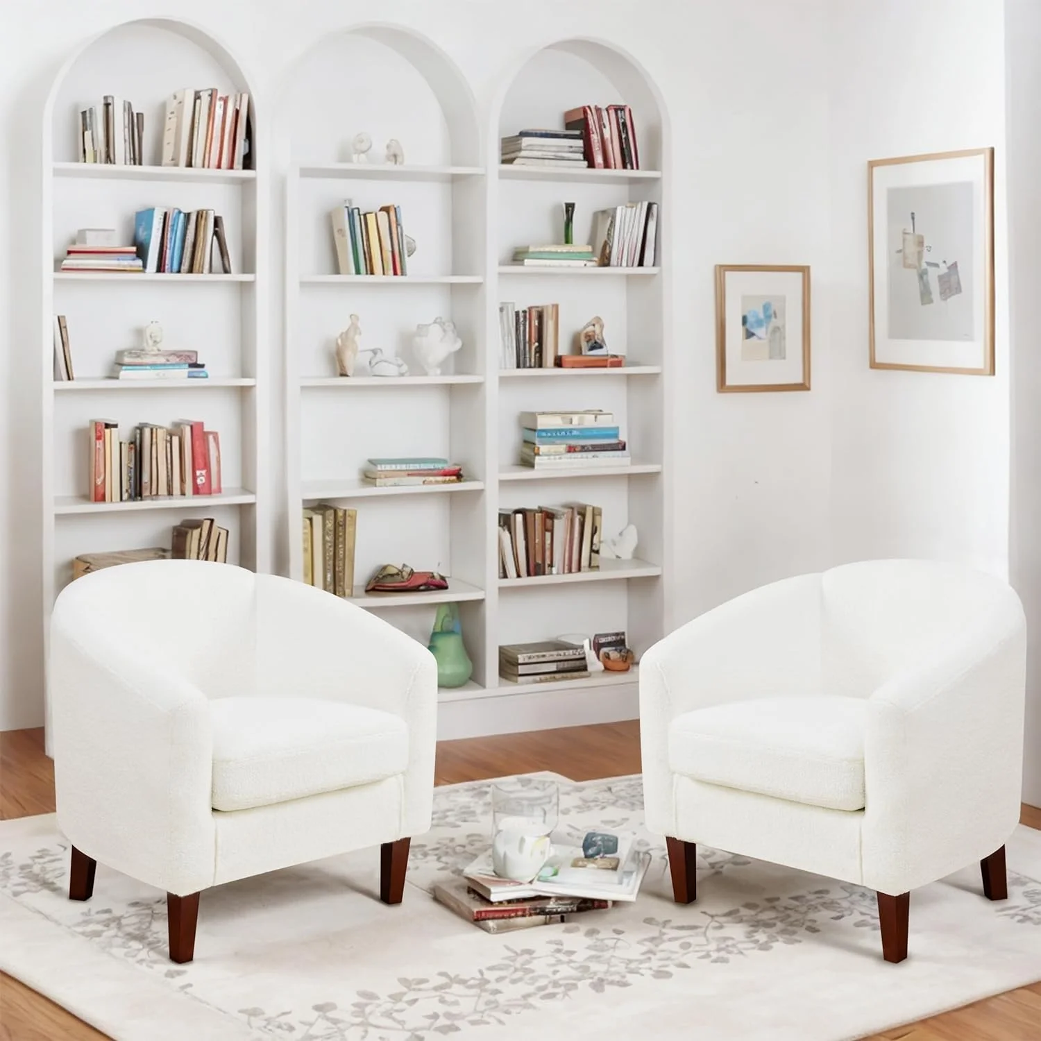 Comfy Barrel Accet Chair Set Of 2 - Teddy Fleece Livig Room Chair Club Chair With Thick Cushio & Soft Backrest, Guest Chair For Office, Bedroom & Waitig Room, White