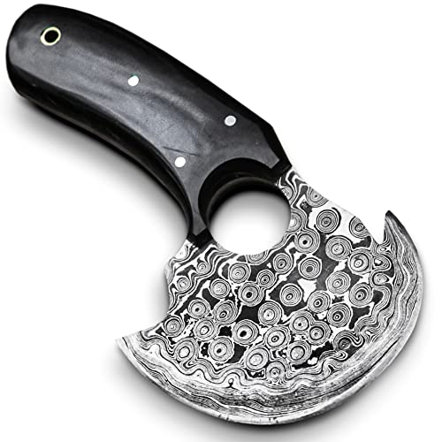 Knives - Alaskan Ulu - Mezzaluna Ulu Knife - Pizza Cutter Ulu - Traditional Ulu - Handmade Damascus Steel - Stabilized Handle - Ulu Knife - Vegetable Chopping Ulu