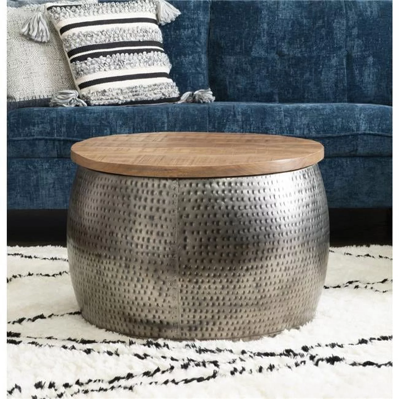 Royce Drum Coffee Table with Storage, Silver