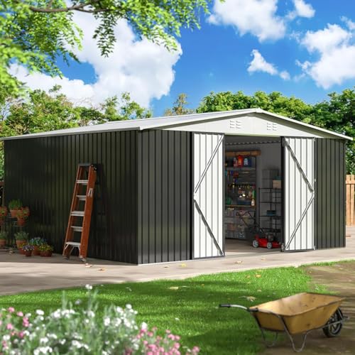 12x14 FT Outdoor Storage Shed, Garden Shed with Updated Frame Structure and Lockable Doors, Metal Tool Sheds for Backyard Garden Patio Lawn, White