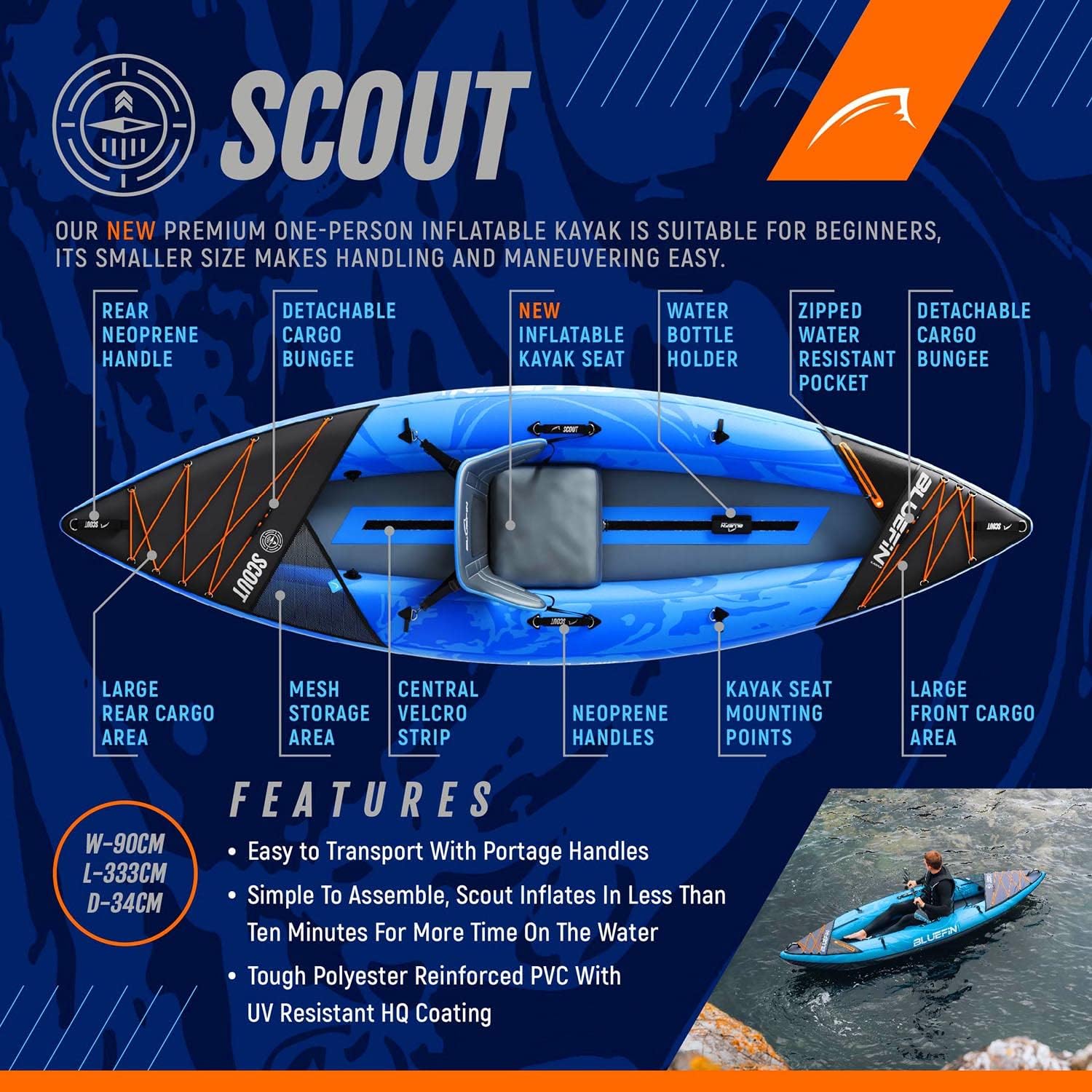 Bluefin Scout Inflatable Kayak, Inflatable 1 Person Kayak, Inflatable Canoe Alternative