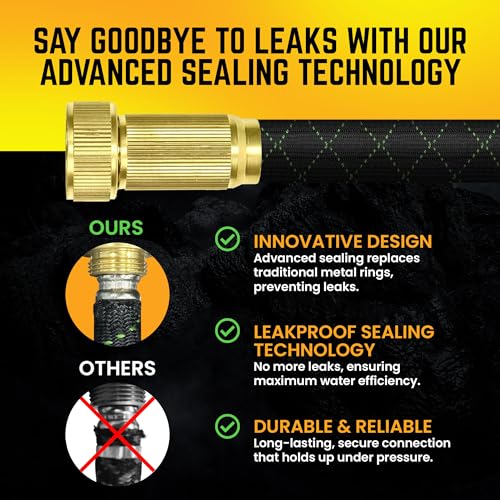 PowerFlow Garden Hose, NON-EXPANDABLE 25 Feet Premium Quality Stainless Steel Metal Water Hose with Durable Fabric Skin, Hose For Commercial, Residential Use, Bonus 10-way Spray Nozzle (25 Ft, Black)