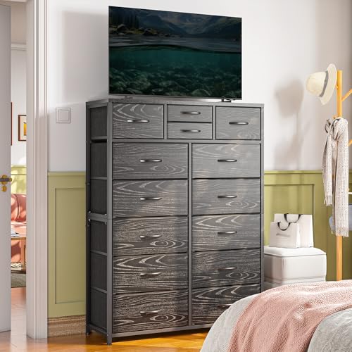 EnHomee Pink Dresser, Tall Dresser with 14 Drawers, Large Bedroom Dressers & Chests of Drawers with Sturdy Metal Frame and Wooden Top, Fabric Dresser for Bedroom, Closet, Living Room, Hallway, Pink