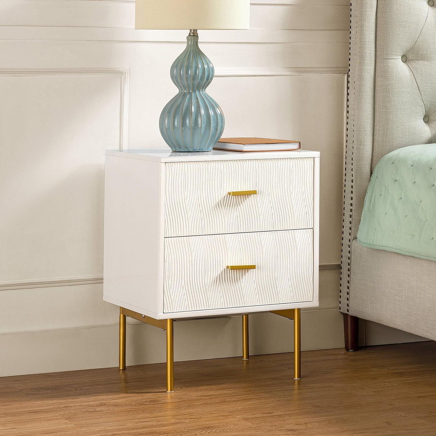 Smart FENDEE Mid Century Nightstand Fluted Night Stand with 2 Drawers,Bedroom,Wooden,Adult,White