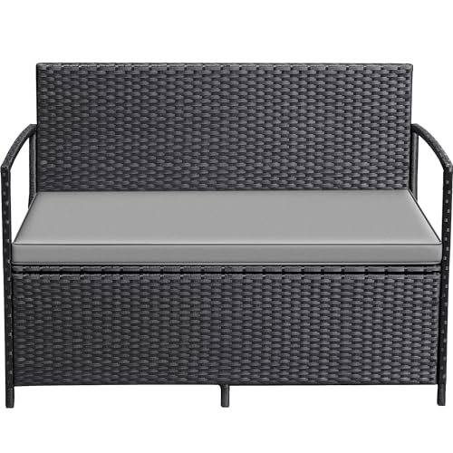 Greesum Patio Loveseat PE Rattan Wicker Outdoor Furniture with Soft Cushions & Built-in Storage Space for Lawn Garden Backyard, Black