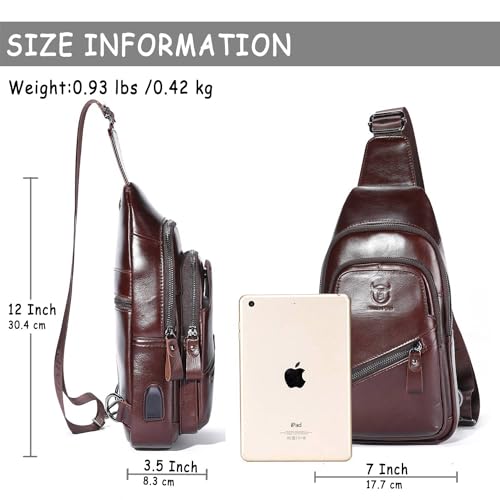 BULLCAPTAIN Leather Sling Bag for Men with USB Charging Port Chest Bag Shoulder Bag Crossbody Daypack Hiking Travel Backpack