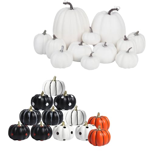 vensovo 12 Pcs Assorted White Plastic Pumpkin Decorations, 12 PCS Foam Pumpkins Perfect for Halloween Thanksgiving Fall Decor