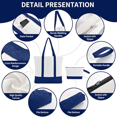 16 Pack Canvas Tote Bags Bulk and Makeup Pouches Set, 12oz Cotton Reusable Zippered Grocery Bags with Handles, DIY Sublimation, Halloween Craft, Beach & Travel with External Pocket (Women & Men)