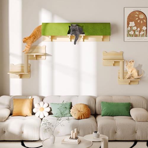 Cat Wall Shelves and Perches, Solid Wood Wall Mounted Cat Furniture, Set of 13 Cat Climbing Shelves with Moon Hammock, House, Wall Ladder, Scratching Post and Cat Tunnel