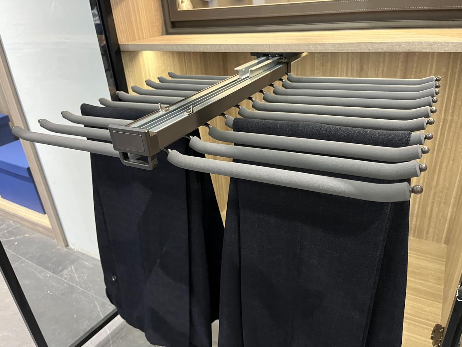 Pull Out Pants Rack-HANKEY Pants Hangers Space Saving, Pants Organizer for Closet, Heavy-Duty Multiple Pants Hangers for Closet with Non-Slip Design, Width 25.2in / 64cm, Grey