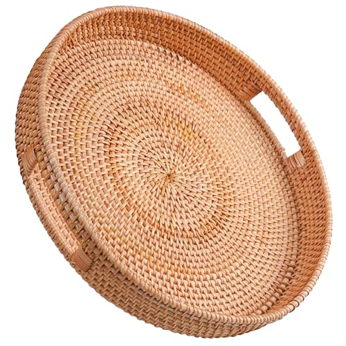 14 Inch Round Serving Tray, Round Trays Home Decor, Decorative Trays for Home Decor with Cut Out Handles, Ottoman Tray for Living Room, Round Wicker Basket for Serving Storage Coffee Fruits Drinks