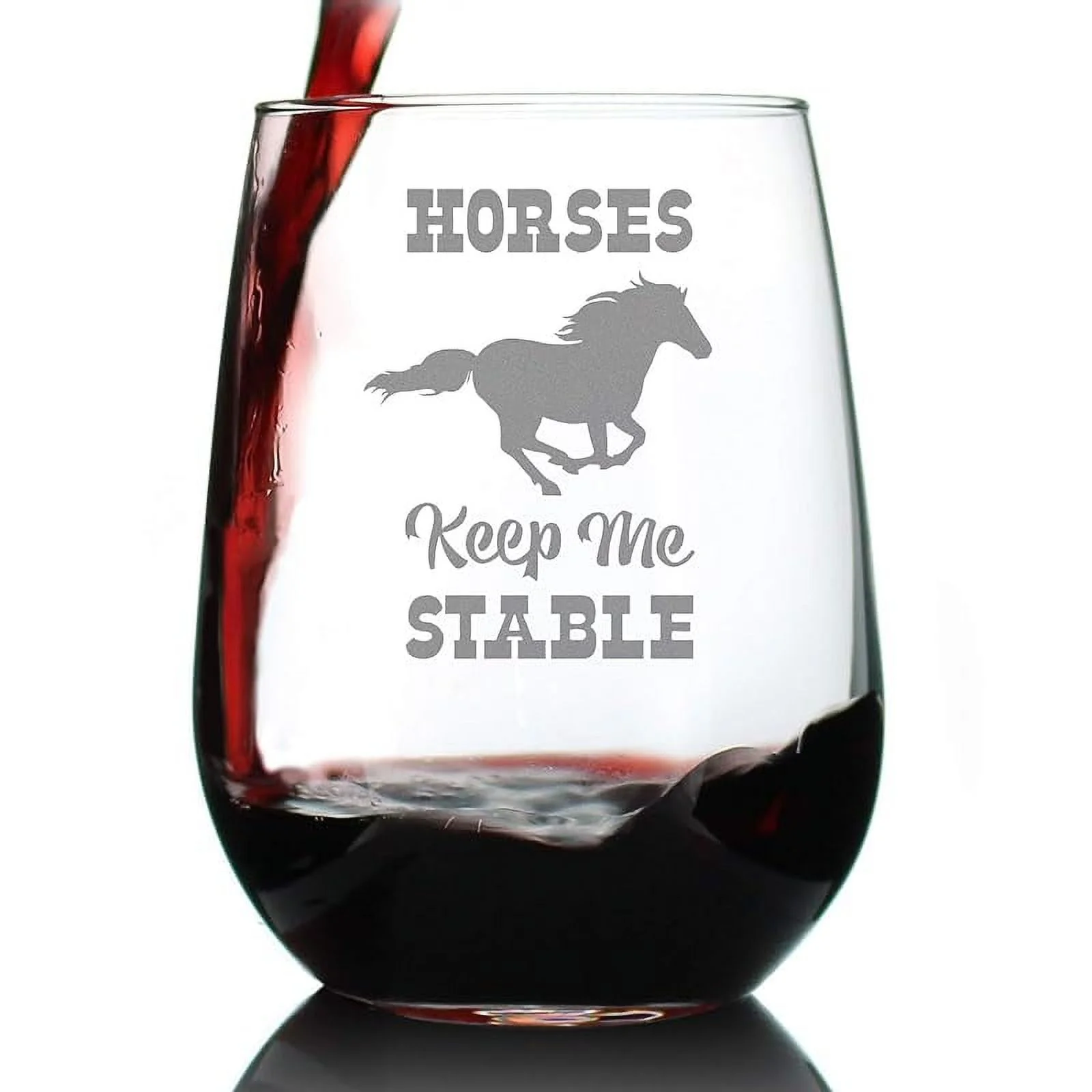 Horses Keep Me Stable – Cute Funny Stemless Wine Glass, Large 17 Ounces, Etched Sayings, Gift Box