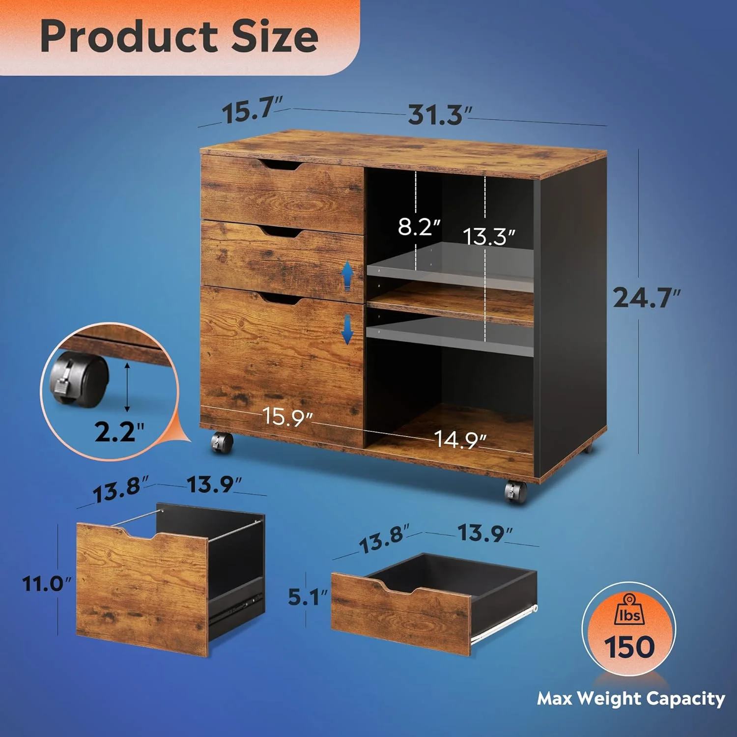 DEVAISE File Cabinet 3 Drawer, Lateral Filing Cabinet on Wheels, Rolling Printer Stand with Open Storage Shelves, Mobile Vertical File Cabinet for Home Office, Rustic Brown