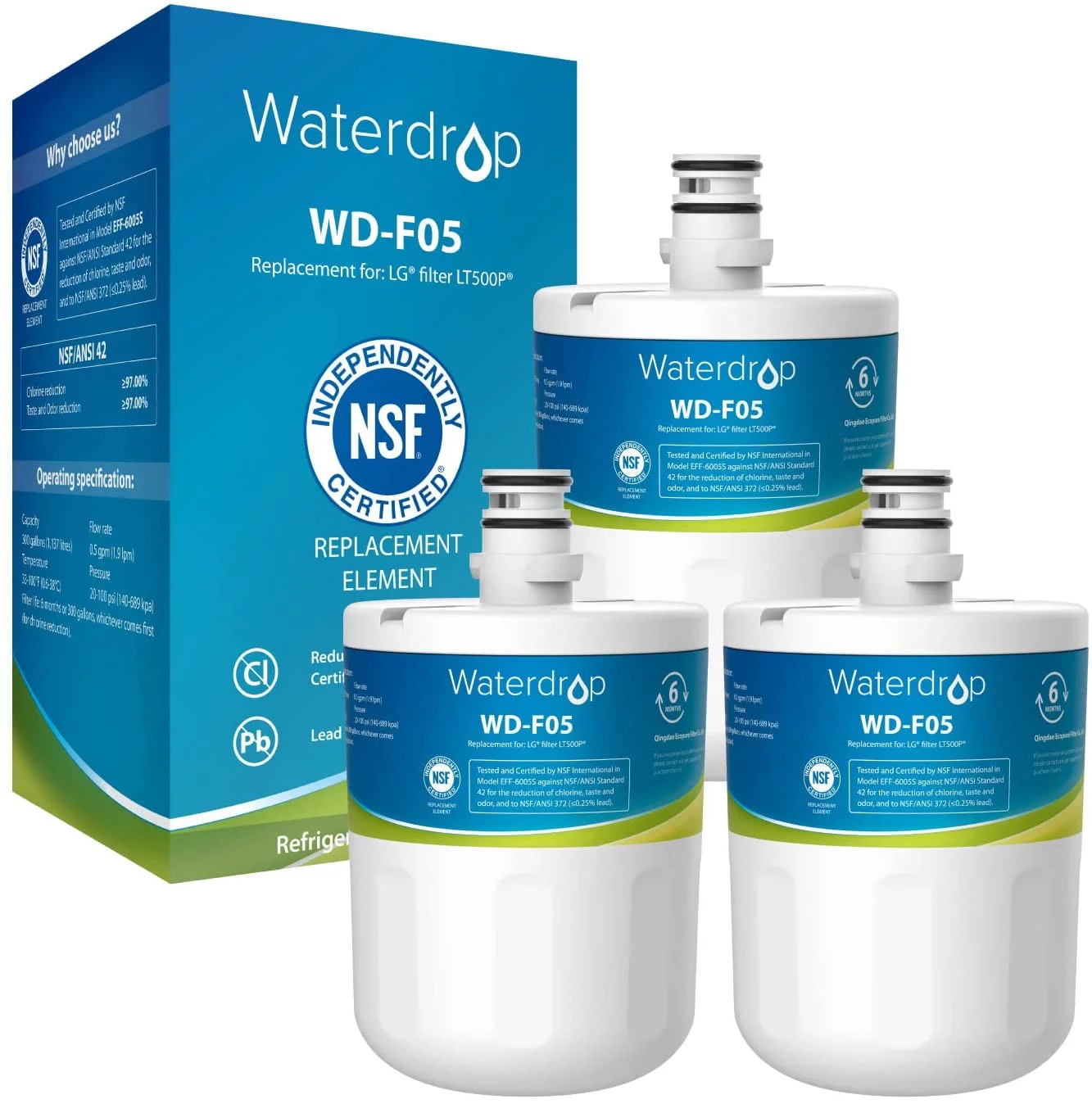 Waterdrop 5231JA2002A Refrigerator Water Filter, Replacement for LG® LT500P®, GEN11042FR-08, ADQ72910911, ADQ72910901, Kenmore 9890, 46-9890, LFX25974ST, LMX25964ST, 3 Pack, Packing May Vary