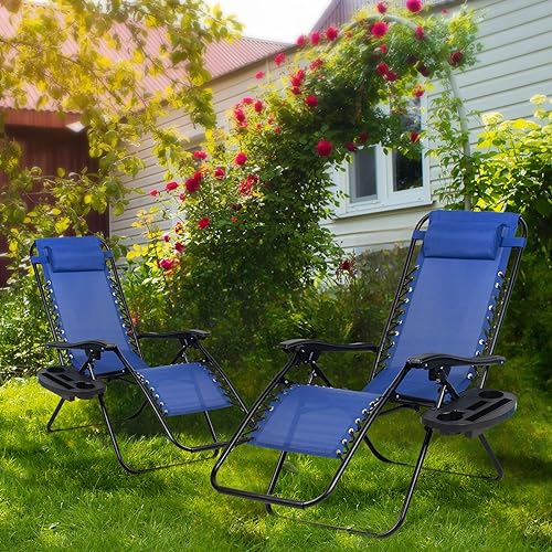 Nazhura Set of 2 Relaxing Recliners Patio Chairs Adjustable Steel Mesh Zero Gravity Lounge Chair Beach Chairs with Pillow and Cup Holder (Dark Green)